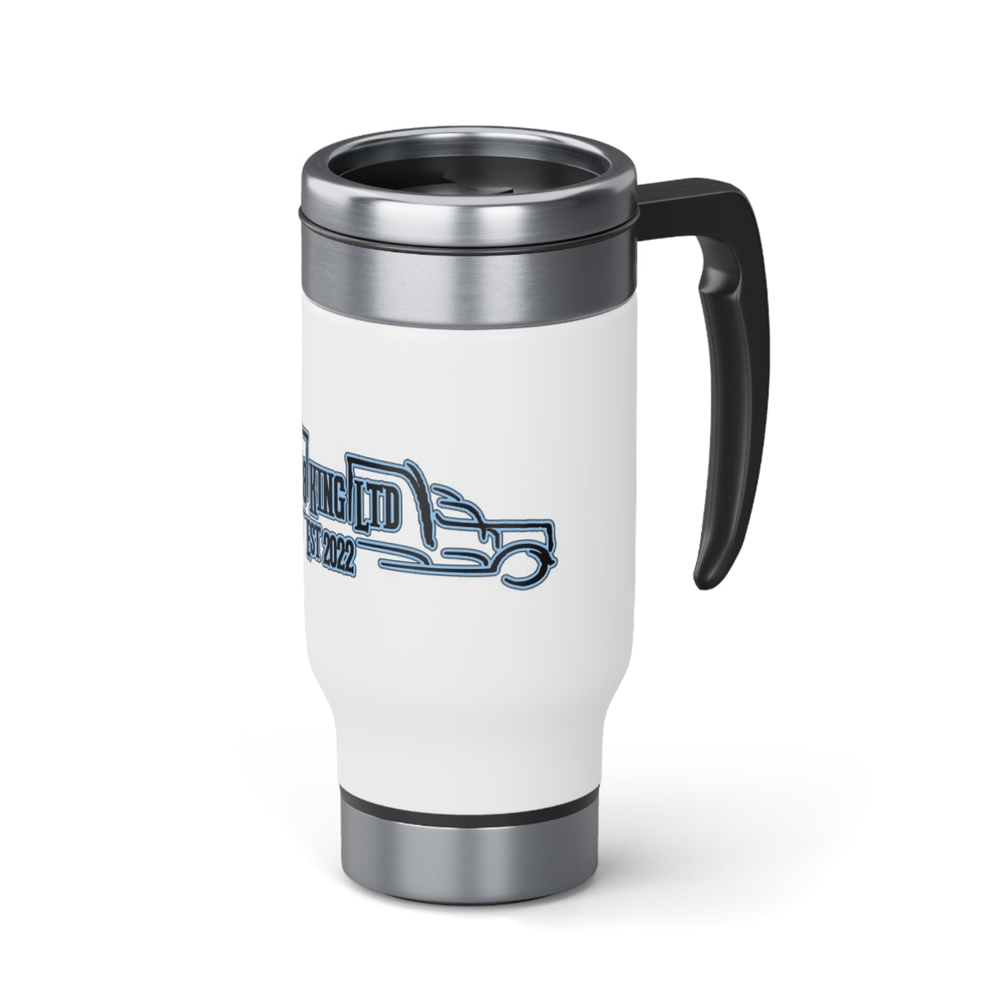 Fr8KingLtd Trk'd -- Stainless Steel Travel Mug with Handle, 14oz