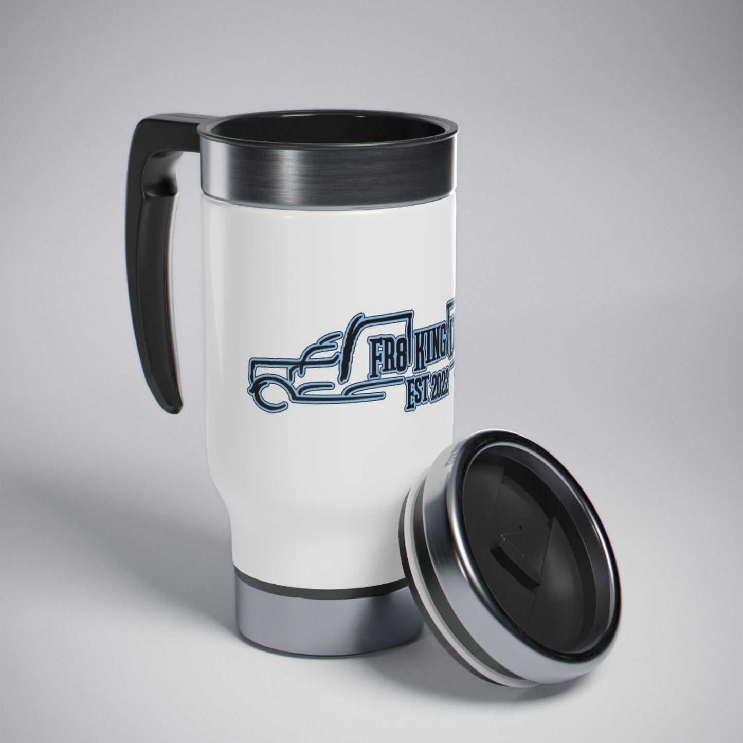 Fr8KingLtd Trk'd --  Stainless Steel Travel Mug with Handle, 14oz
